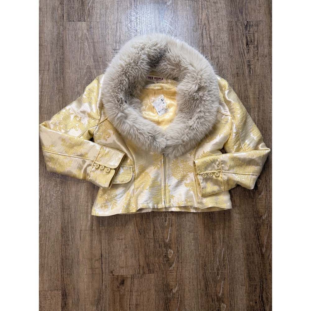 Free People Floral Brocade Faux Fur Collar Jacket Straw Yellow XS NWT $228